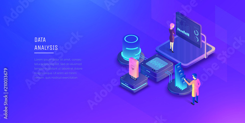 Data analysis. Experts analyze the data of the system. Data management. Monitoring of indicators. Modern vector illustration isometric style.