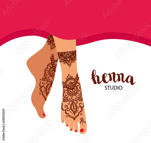 Legs with mehendi patterns.  illustration for a yoga studio, tattoo, spas, postcards, souvenirs. Indian traditional lifestyle.