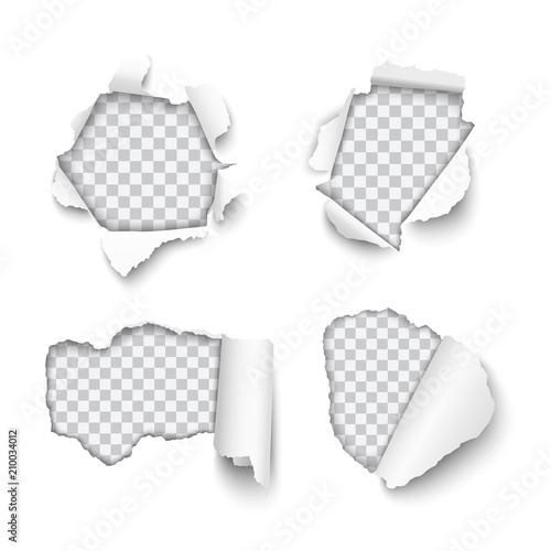 Vector set of various holes torn in paper with rolled edges isolated on transparent background