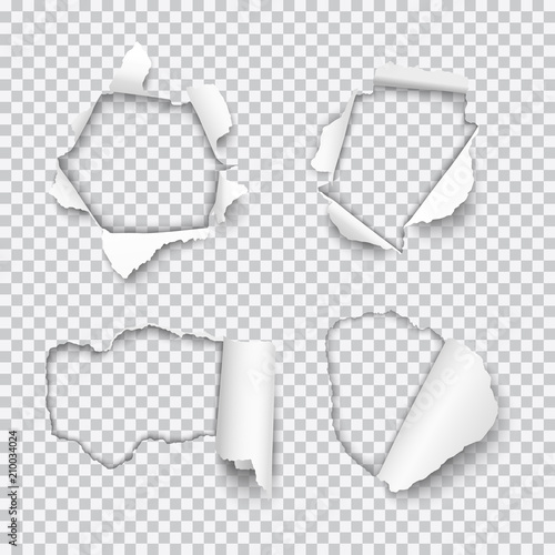Vector set of various holes torn in paper with rolled edges isolated on transparent background