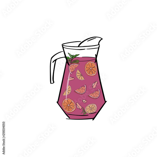 Sangria. Traditional spanish alcohol drink. Hand sketched jug of sangria with orange , peach, lemon, mint. Vector illustration. eps 10	