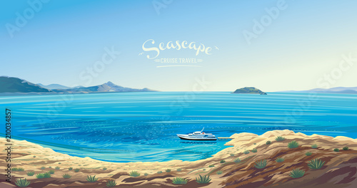Seascape with the yacht symbolizing the marine leisure. Seashore presumably the Mediterranean.