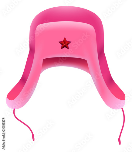 Pink Russian winter hat with earflap with red star. Football fan accessory