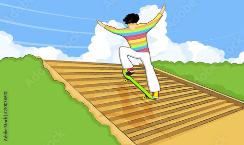 Young guy skateboarder doing extreme, dangerous jumping trick. Flat design. Vector