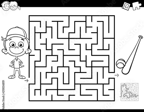 maze color book with boy and baseball
