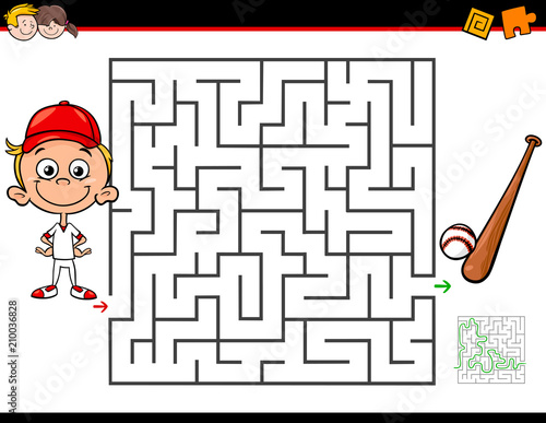 cartoon maze activity with boy and baseball
