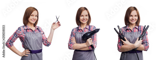 Hairdresser holding various hairdressing tools on white backgropund photo