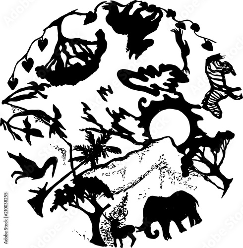 An illustration drawn by hand with the animals of the world. Earth Day. Balanced ecology.