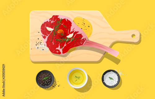 Fresh raw beef, tomahawk steak and spices on wooden cutting board, food preparation, vector, illustration