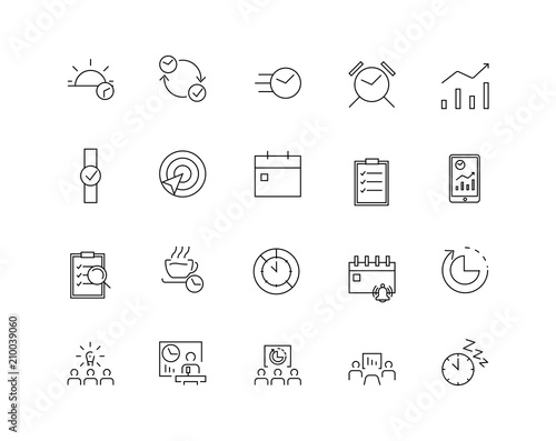 Time management icon set. Thin line flat design. Icons for management, business, strategy, planning, analytics, communication, social network.