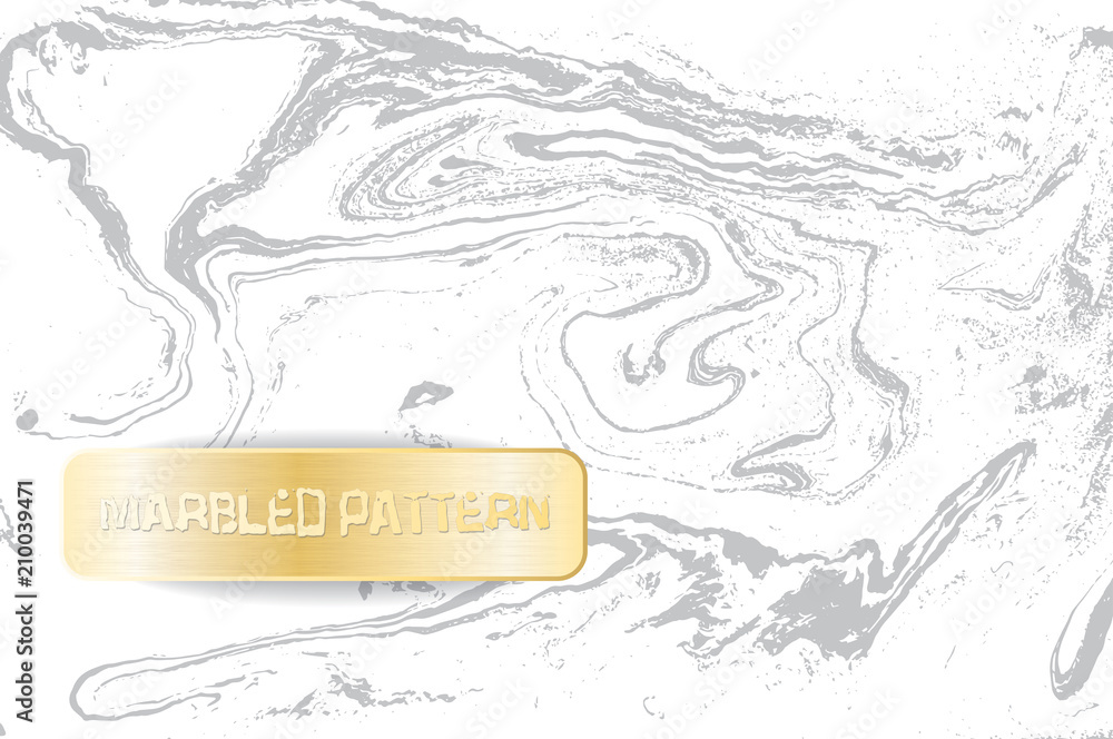 Obraz premium White and gray marble pattern. Light marbling texture. Decorative marbled background with gold banner. Vector illustration.