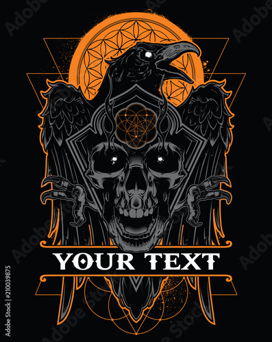 Dark evil raven with spread wings and skull.Vector illustration 