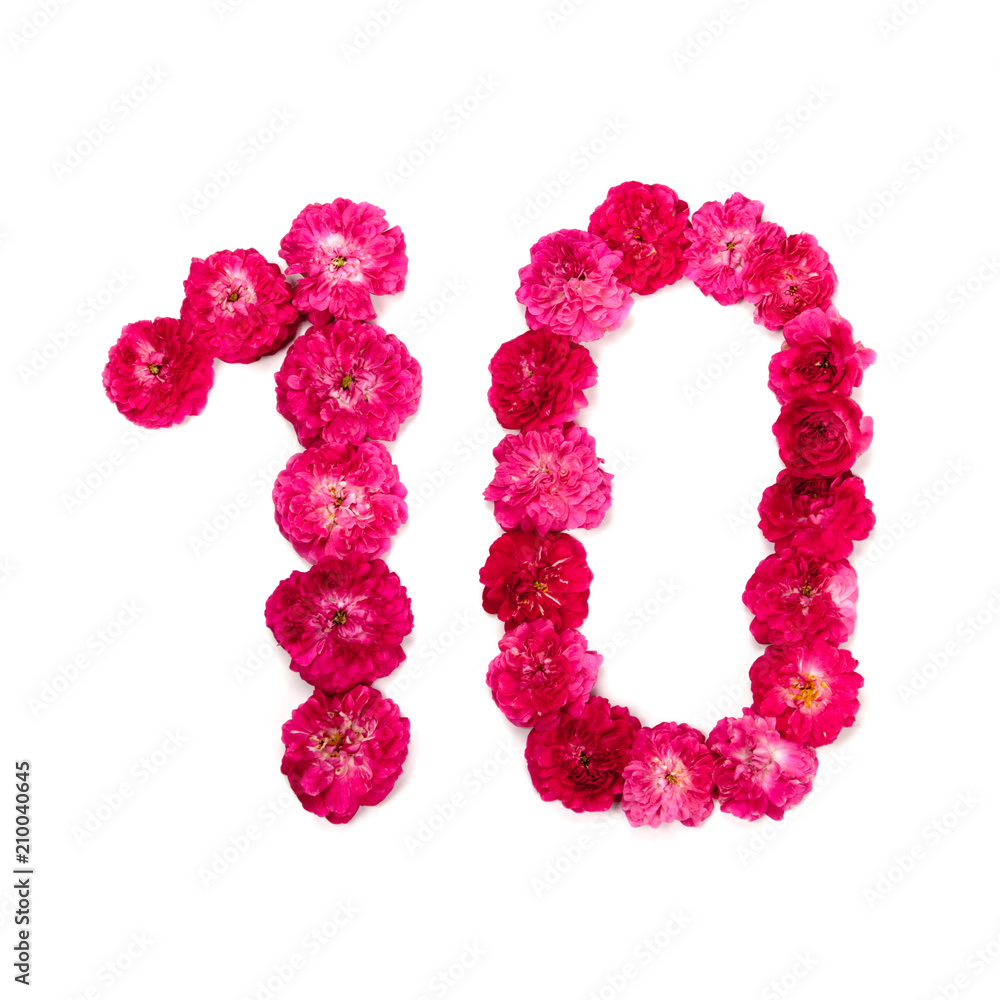 число 10 из цветов красной и розовой розы на белом фоне. Типографическийэлемент для дизайна. Цветочные числа, цифры, изолят, изолированный StockPhoto