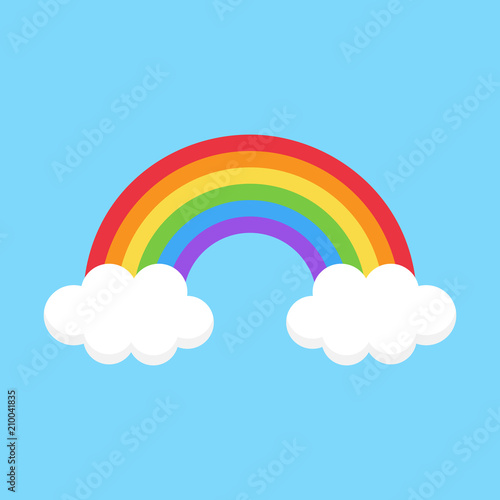 Simple colorful cute rainbow vector illustration. Rainbow on light blue background with two clouds with shadow.