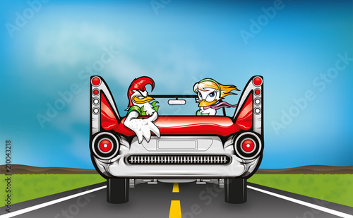 Couple of chickens on a honeymoon in a vintage car