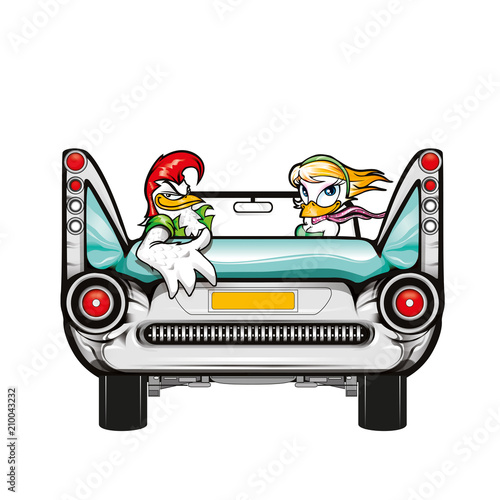 Couple of chickens on a honeymoon in a vintage car