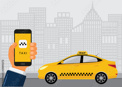 Hand holds the phone with taxi service and city skyscrapers  with yellow car on background. Vector flat illustration. Taxi service concept. Booking taxi cab with mobile app. 