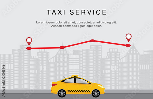Homepage for website. Taxi service. Yellow taxi on city background. Flat vector illustration. Path with map pings