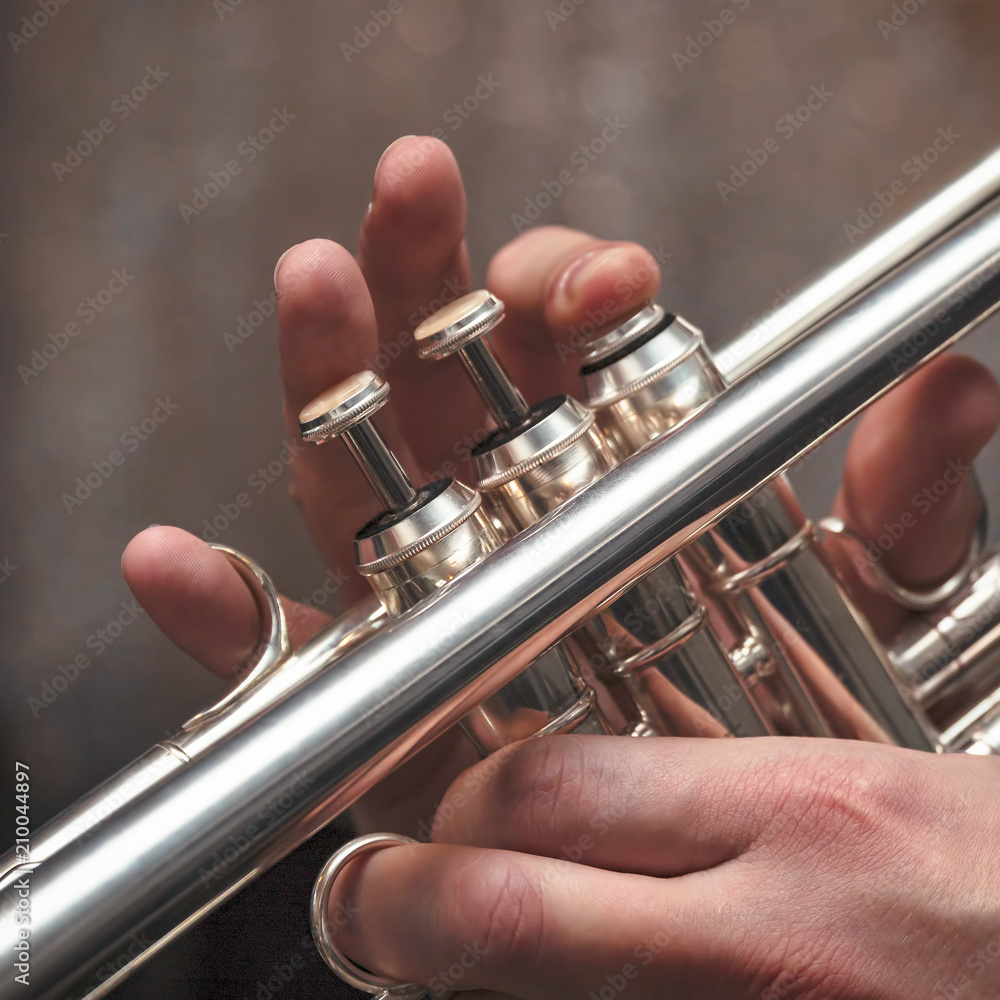 Obraz premium Hand of the Trumpeter on the buttons of trumpet