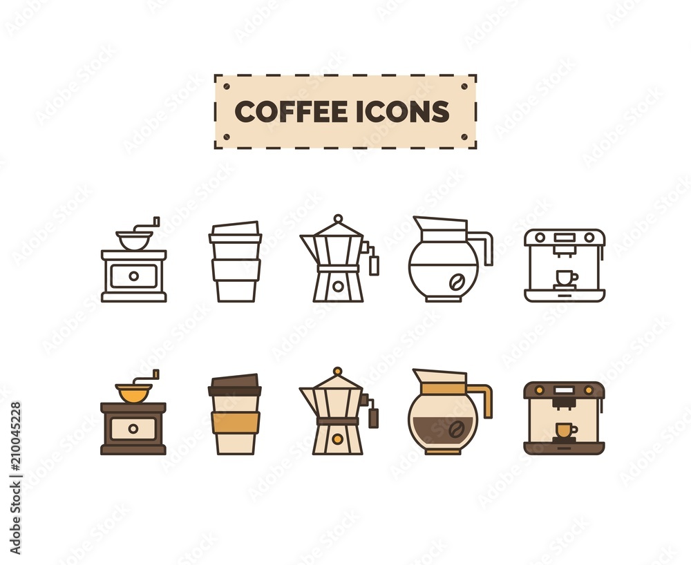 Coffee cup icon set. Vector set of line and colorful flat coffee stuff -  French press, takeaway cup, machine Stock Vector