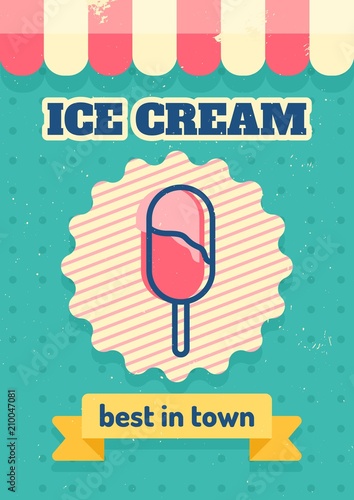 Vector ice cream sundae poster in vintage style. Retro menu card design for ice cream shop, cafe or restaurant