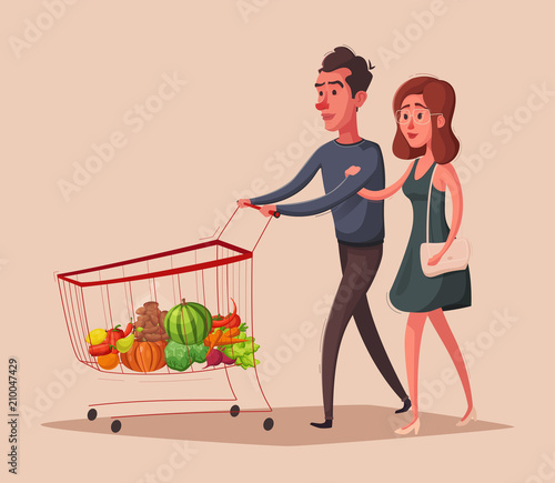 Happy family with supermarket shopping cart. Cartoon vector illustration