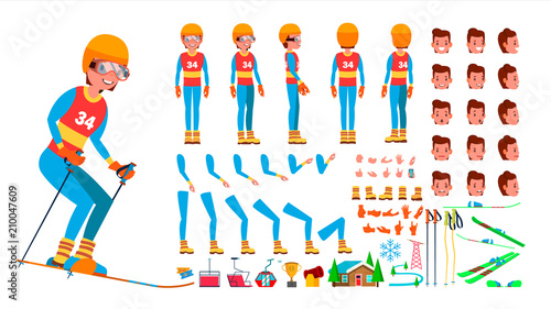 Skiing Player Male Vector. Animated Character Creation Set. Man Full Length, Front, Side, Back View, Accessories, Poses, Face Emotions, Gestures. Isolated Flat Cartoon Illustration
