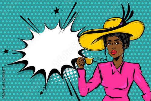 Black afro woman pop art drink tea