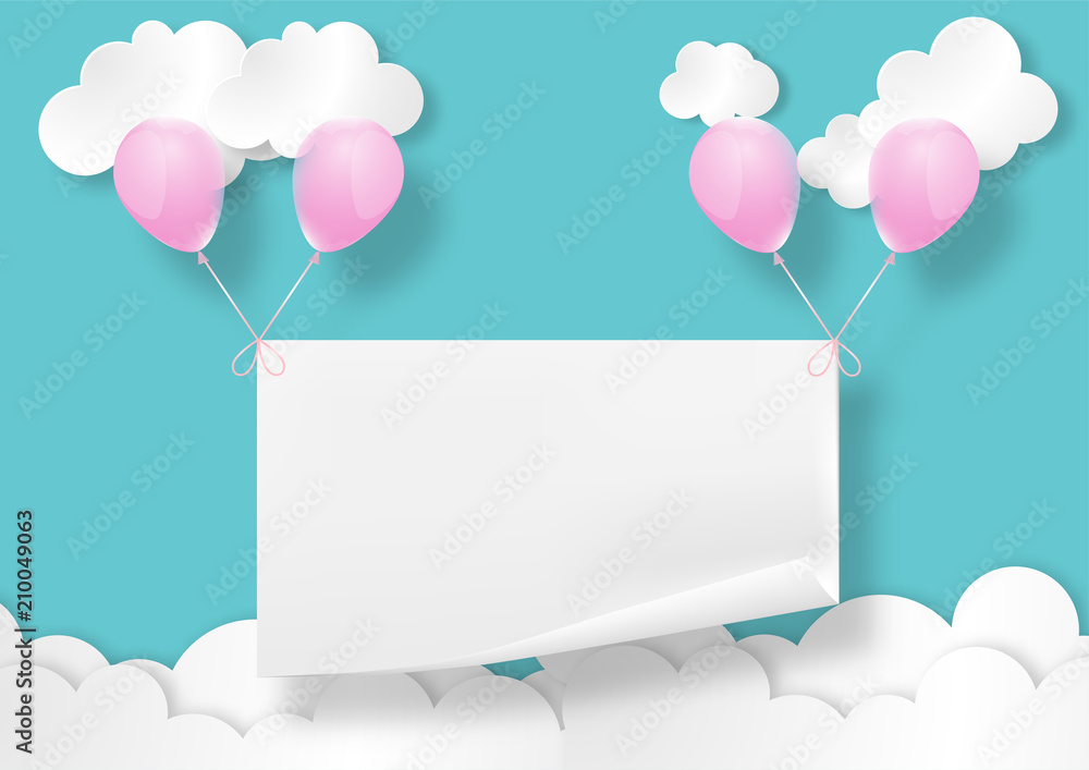 Blank paper and pink balloon in blue sky and white cloud paper art style vector