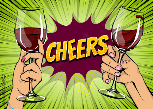 Pop art woman hand hold red wine glass vintage