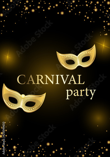 Black carnival party background with gold masks.
