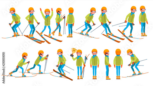 Skiing Male Vector. In Action. Man On Skis. Winter Sport. Ski Suit. Cartoon Character Illustration