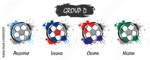 Set of national football team group D . Realistic watercolor art paint with stained splash color . Flat design . Vector for international world championship tournament cup 2018