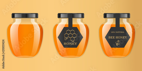 Realistic transparent glass jar with honey. Food bank. Honey packaging design. Honey logo. Mock up glass jar with design label or badges. Premium food product. Vector illustrations.