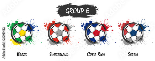Set of national football team group E . Realistic watercolor art paint with stained splash color . Flat design . Vector for international world championship tournament cup 2018