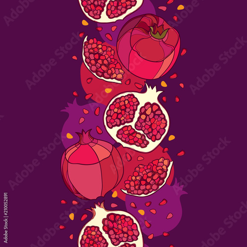 Vector vertical seamless pattern with outline red Pomegranate half and whole fruit and seed on the purple background. Drawing of contour ornate Pomegranate for exotic summer design.