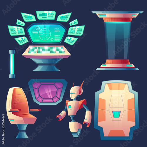 Vector set of alien spaceship design elements. Control panel with screens for cockpit in rocket. Devices, robot, collection for interior of flying craft isolated on dark background