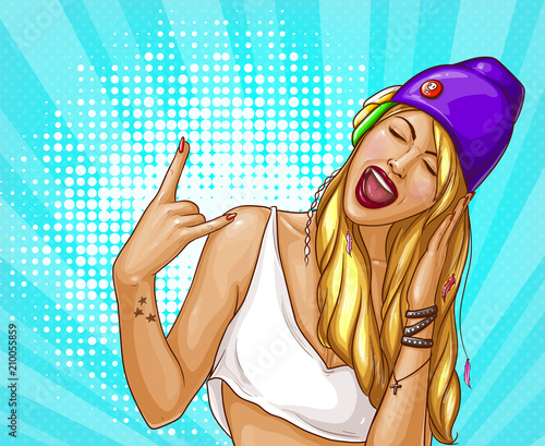 Pop art hipster girl in headphones vector illustration. Young blonde woman in hat and t-shirt, listening music in earphones and singing with closed eyes, finger cool gesture and star tattoo on hand