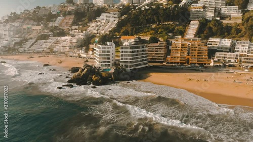 Beautiful aerial view of Viña del Mar, Chile where it can be seen the ocean, the beach, modern buildings and all the coastal line