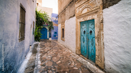 Hammamet Medina streets with blue walls. Tunis, north Africa.