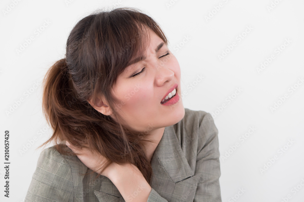 woman with shoulder or neck pain; portrait of asian woman suffering from shoulder or neck pain, stiffness, injury, chronic bone or muscle injury concept; asian young adult woman health care model woman with shoulder or neck pain; portrait of asian woman suffering from shoulder or neck pain, stiffness, injury, chronic bone or muscle injury concept; asian young adult woman health care model