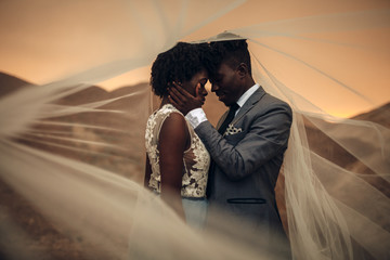 Newlyweds stand under bridal veil and embrace in canyon at sunset.