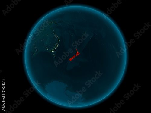New Zealand on planet Earth in space at night