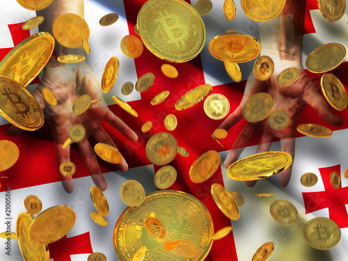 Bitcoin crypto currency Georgia flag A lot of falling gold bitcoins Rain of golden coins fall to the palms of the hands on Georgia country waving flag background