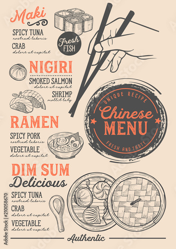 Japanese sushi restaurant menu. Vector chinese dim sum food flyer. Design template with vintage hand-drawn illustrations.