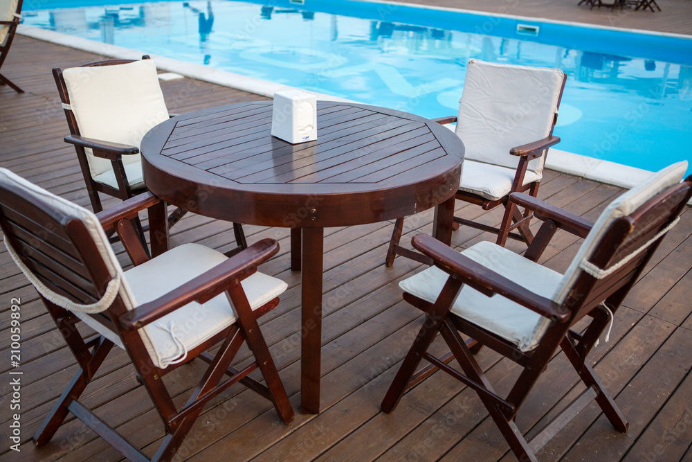 Interior of Elite comfortable beach resort with palm trees and pools. restaurant beach club highest level at resort for holiday in beach season.