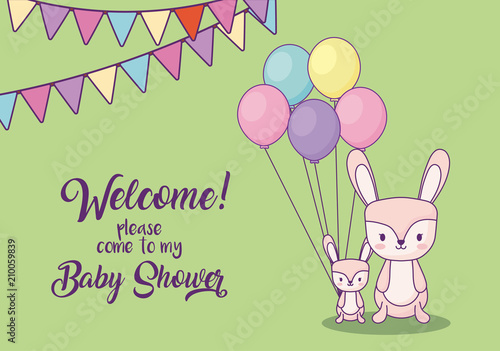 Baby shower invitation card with cute with balloons and decorative pennants over green background, colorful design. vector illustration