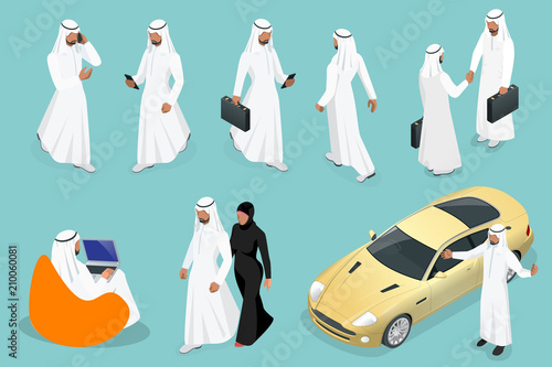 Isometric businessman Saudi Arab man and woman character design with different poses, car on blue background isolated vector illustration. Arabic Business man on Traditional National Muslim Clothes.
