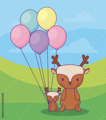 cute deers with balloons over landscape background, colorful design. vector illustration