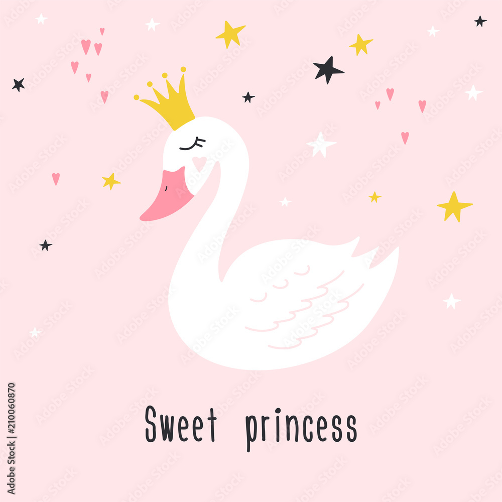 Cute princess swan on pink background with text Sweet princess. Hand drawn vector illustration Cute princess swan on pink background with text Sweet princess. Hand drawn vector illustration
